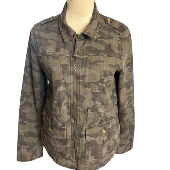 Express Womens Military Green Brown Camouflage Full Zip  Drawstring Jacket Sz S - Picture 5 of 15